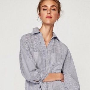 ZARA Oversized Pinstripe V-Neck Accent Tie Cuff Tunic